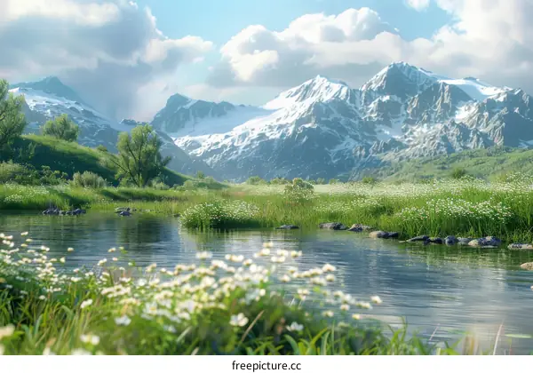 Serene Mountain Valley with River and White Flowers