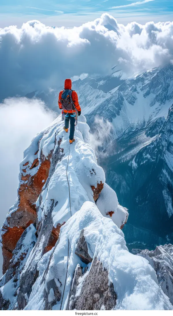 A lone mountaineer reaches the summit of a snow-capped peak