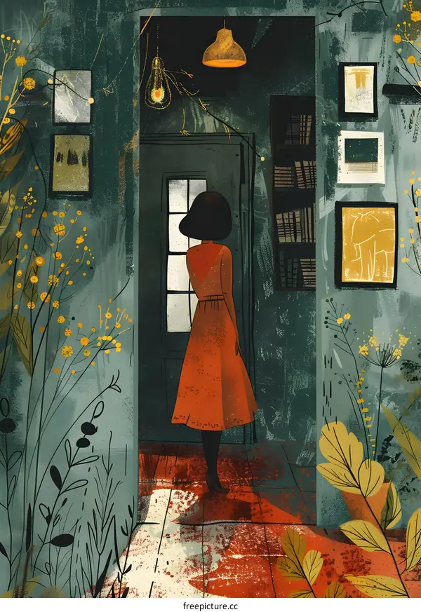A girl standing in a room with a door