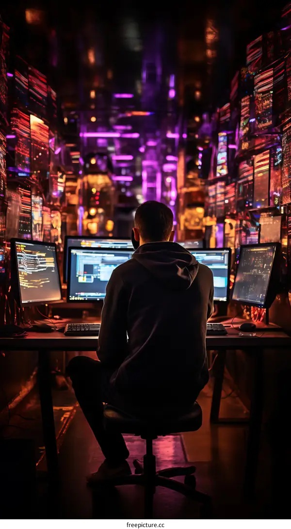 A hacker in a dark room surrounded by computers and screens