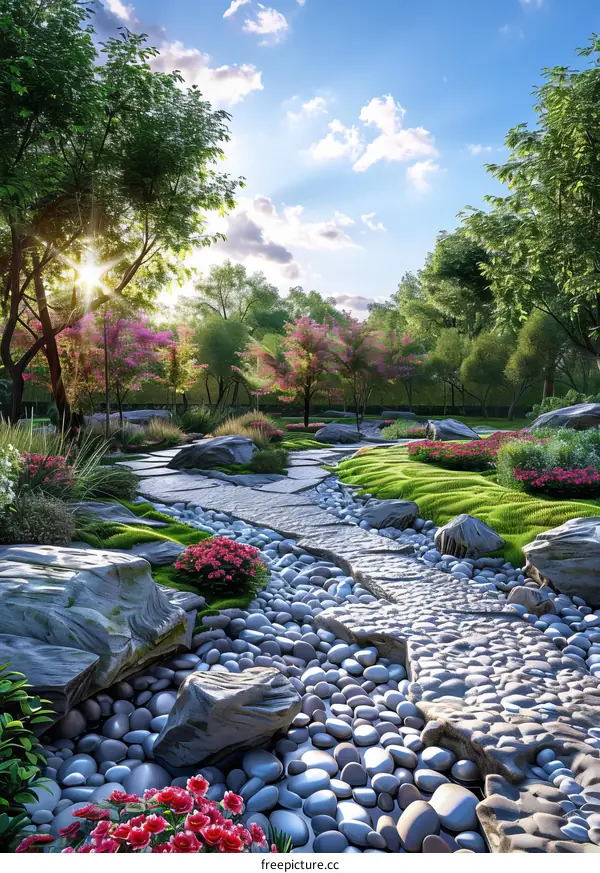 Tranquil Japanese Garden Path with Pink Flowers