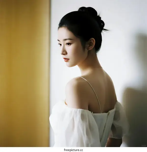 A Young Woman in White Off-shoulder Dress Posing Indoors