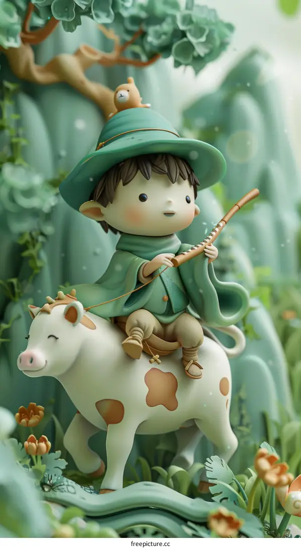 Cute Boy Riding a White Cow in Green Forest