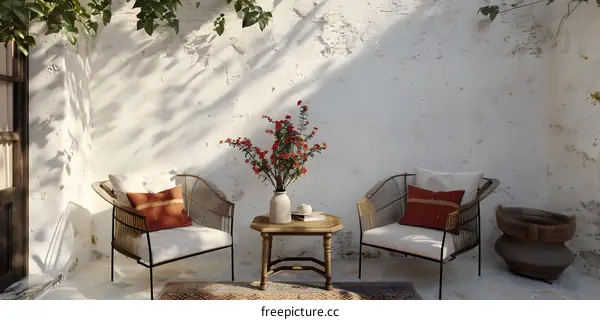 Minimalist Patio with Wicker Chairs and Flowers