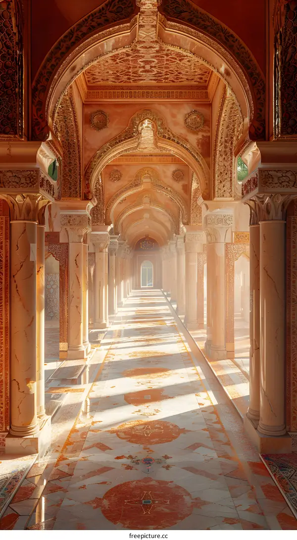A long hallway with columns and arches