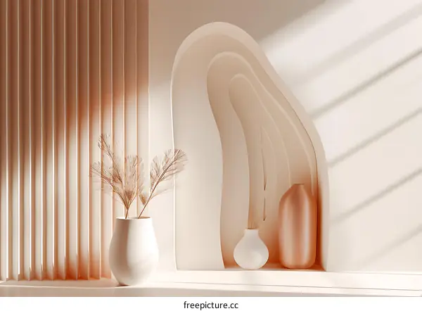 Minimalist Interior Design With White Vases and Dried Flowers