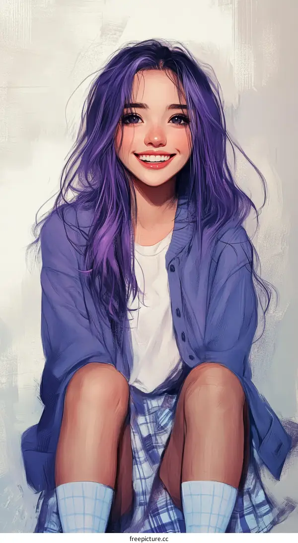 Smiling Girl with Purple Hair Illustration