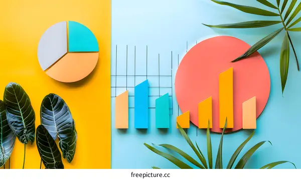 Abstract Colorful Charts with Tropical Leaves on Yellow and Blue Background