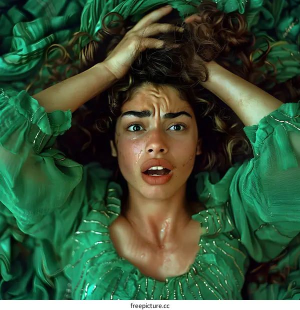 Woman with Curly Hair in Green Dress Looking Up in Fear