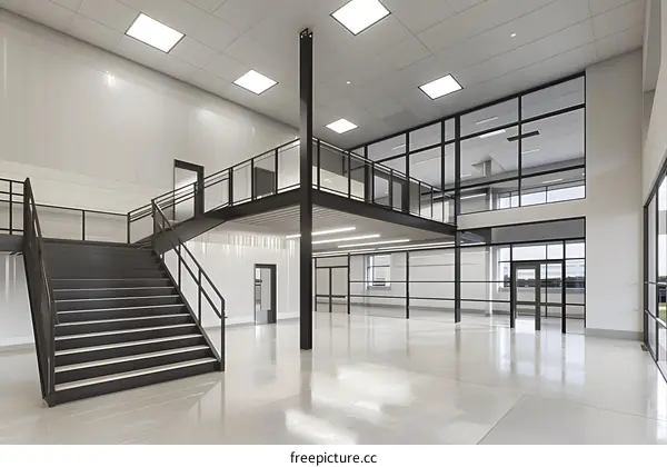 Black and White Modern Office Interior With Stairs