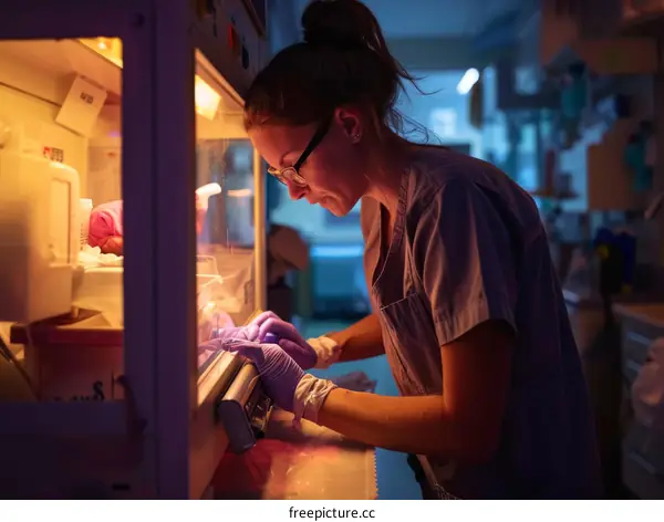A nurse is caring for a newborn baby in an incubator