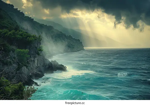 A dark and stormy sea crashes against a rocky coast