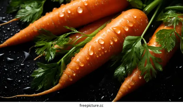 Close-up of orange carrots with green leaves on a black background