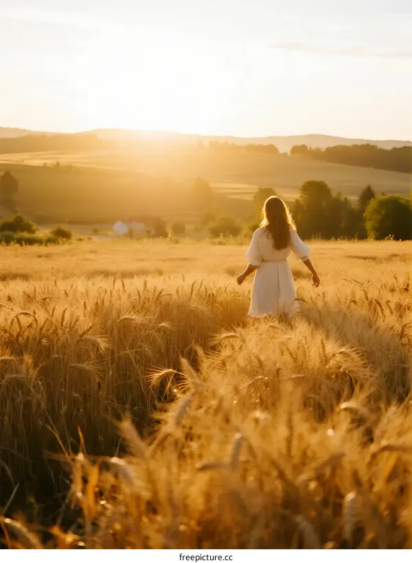 Woman in White Dress Standing in Golden Wheat Field at Sunset