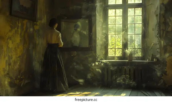 A woman standing in a room with a large window and a mirror