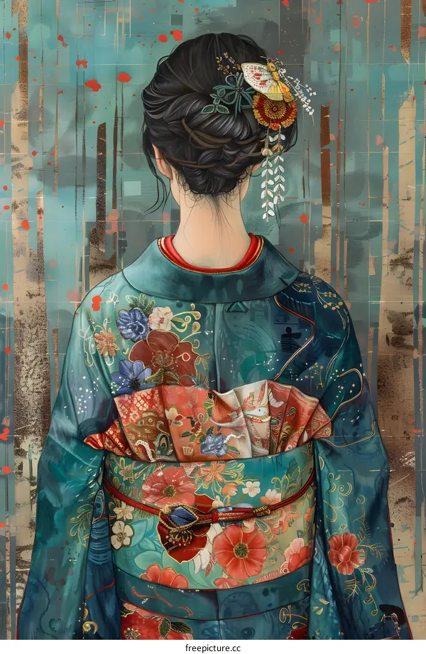 A woman wearing a kimono with a floral pattern and a butterfly in her hair