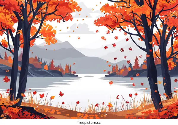 Autumn Landscape with Trees, Lake and Mountains