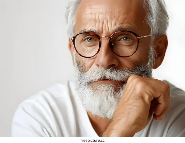 portrait of a senior man with white beard and horn rimmed glasses