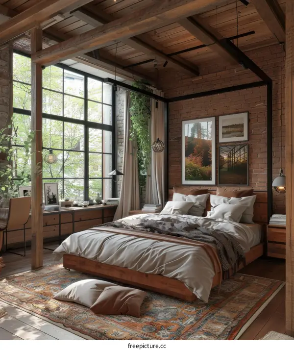 Modern Rustic Bedroom Interior Design With Exposed Wooden Beams