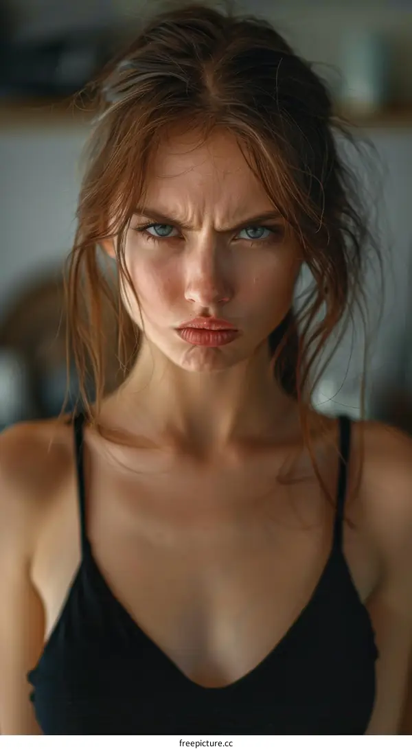 Close-up Portrait of a Caucasian Woman with an Intense Expression