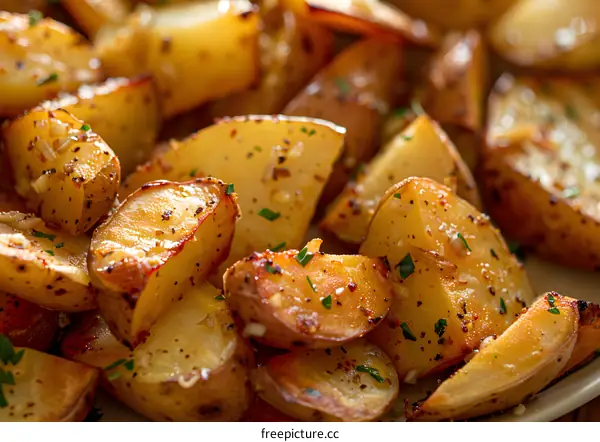 Close Up of Crispy Roasted Potato Wedges with Herbs and Spices
