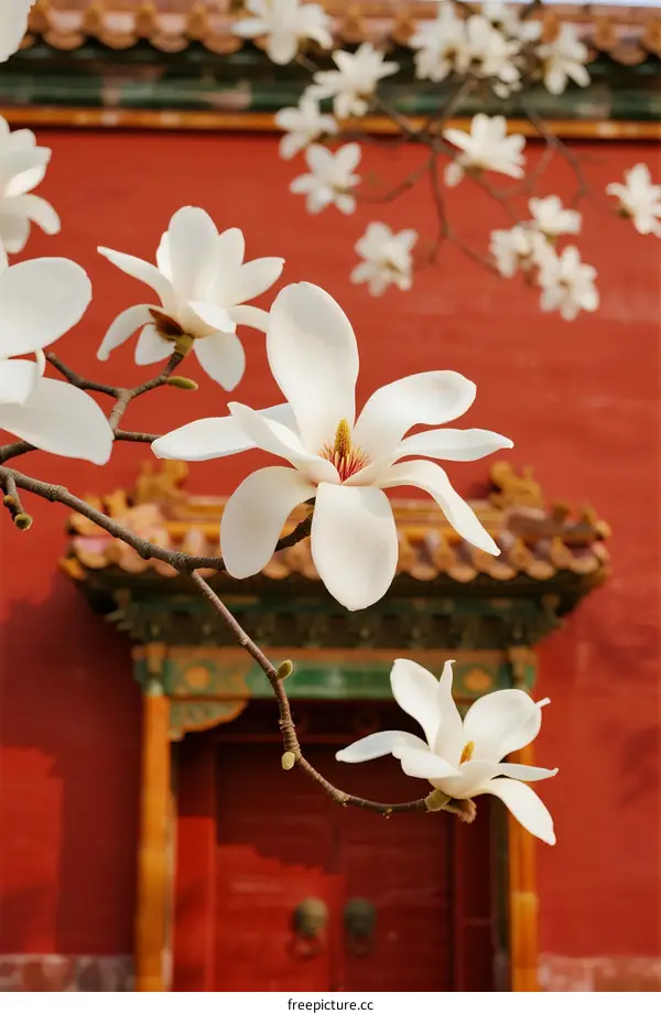White Magnolia Blossoms Against Traditional Chinese Red Wall