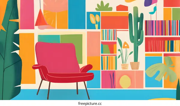 Colorful Abstract Illustration of Living Room with Chair and Bookshelf