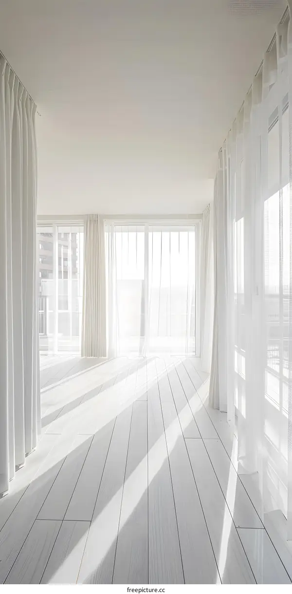 White Room With Large Windows And Sheer Curtains