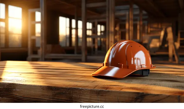 An orange hard hat sits on a wooden table in a building under construction.