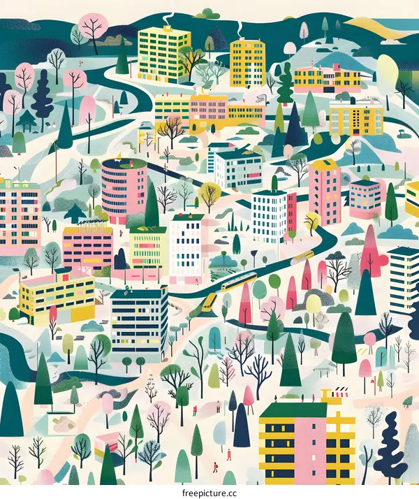 Colorful Illustration of a Cityscape with Trees and People Walking