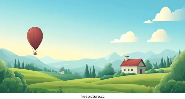 Hot Air Balloon Flying Over Green Hills And A Small House
