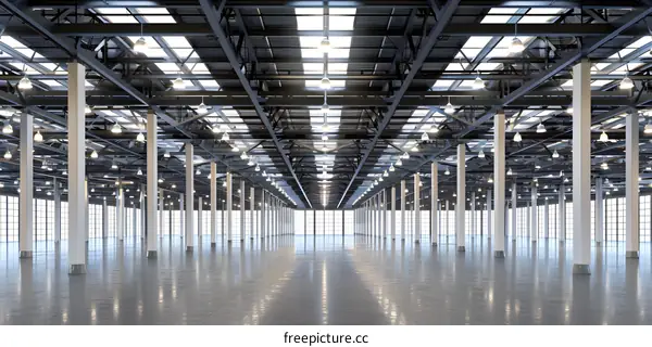 Large Empty Industrial Warehouse Space With Skylights