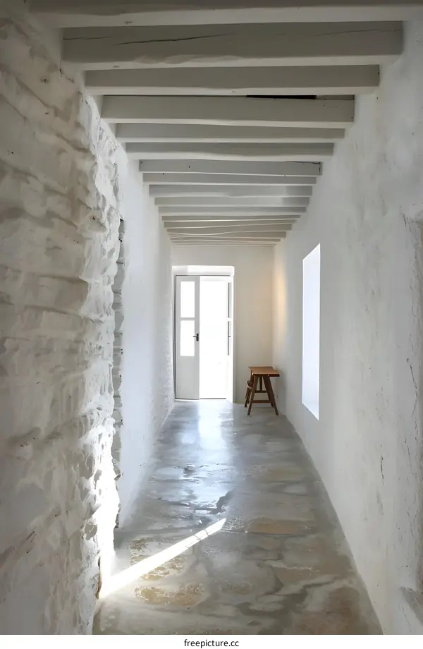 Whitewashed Corridor With Stone Walls And Wooden Beams