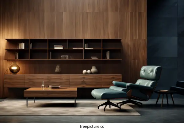 Mid-century modern living room with wood paneling and leather chair