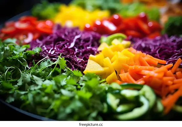 Colorful Salad with Cilantro, Red Cabbage, Peppers, Carrots, and Cucumbers