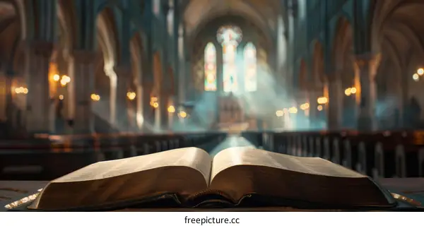 Open Bible in Church with Stained Glass Windows