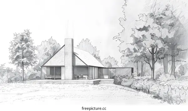 Pencil Sketch of Modern House with Large Windows