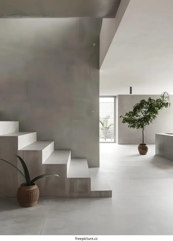 Minimalist Concrete Stairs and Plants in Modern Interior Design
