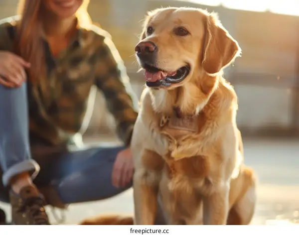 Golden Retriever sitting next to a smiling woman