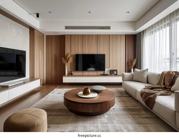 Modern Living Room with Wooden Wall and White Furniture
