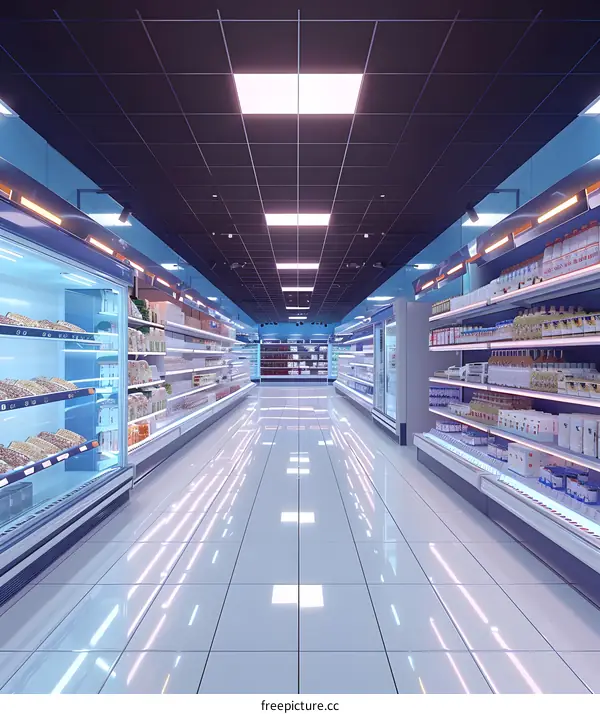 Empty Supermarket Aisle with Neon Lights