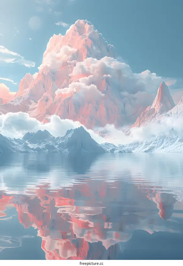 A pink mountain is reflected in a lake