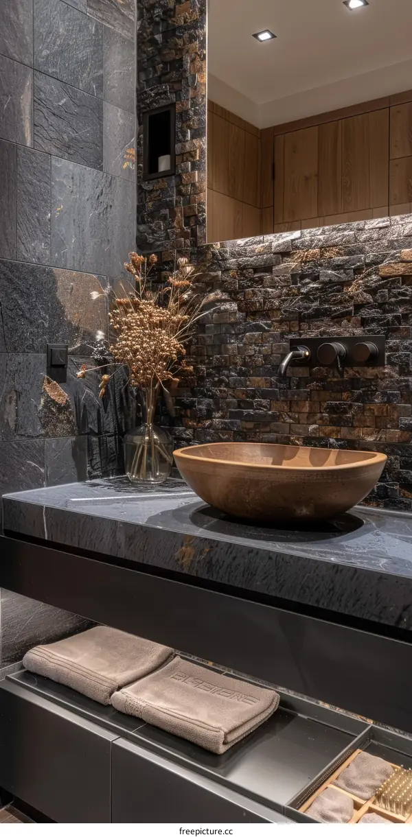 Modern Dark Bathroom Sink with Stone Wall