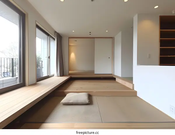 Modern Minimalist Japanese Interior Design with Wooden Floor and Tatami Mat