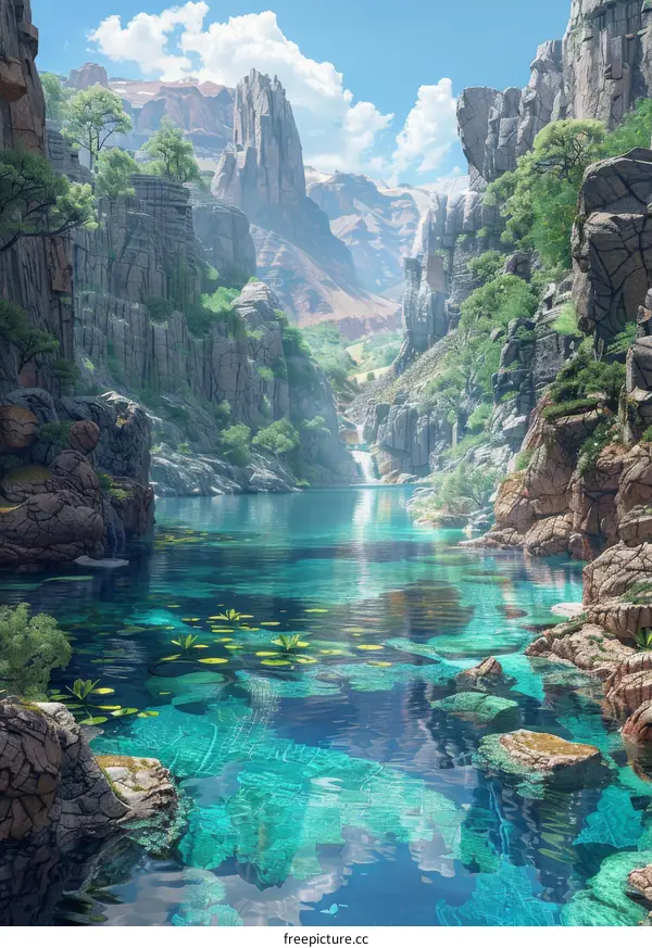 Fantastical Landscape with a Mighty River Flowing Through a Misty Valley