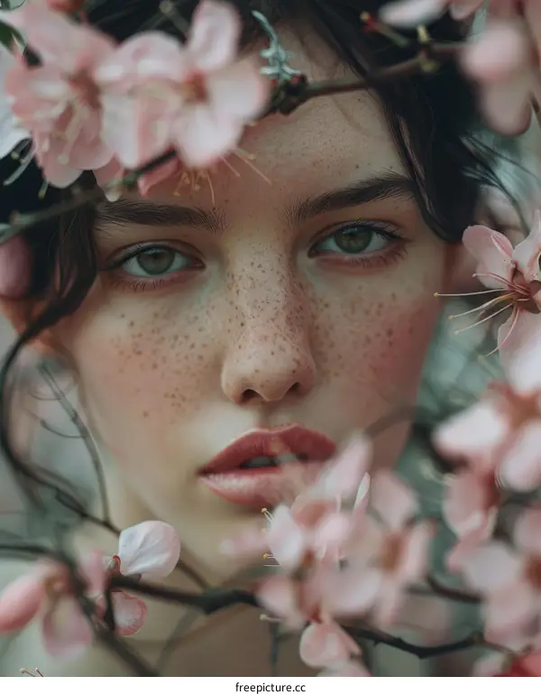 Close up portrait of a woman surrounded by cherry blossoms