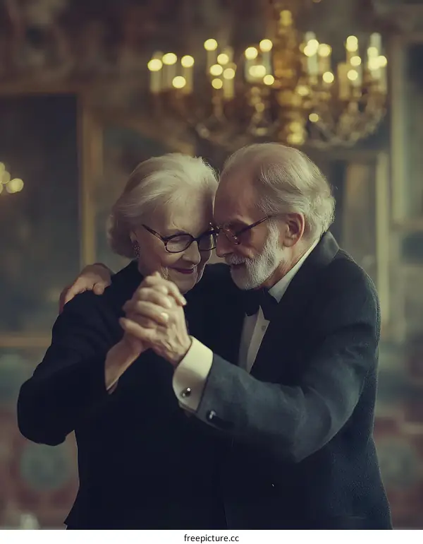 Senior Couple Dancing In Elegant Ballroom