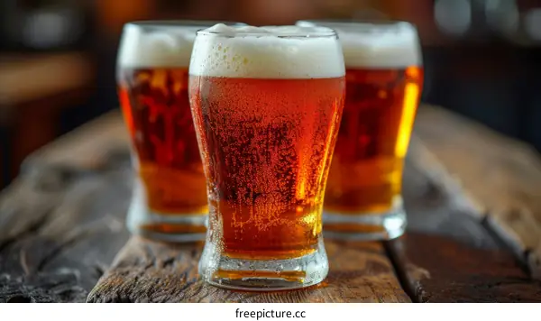 Three glasses of amber beer on a wooden table