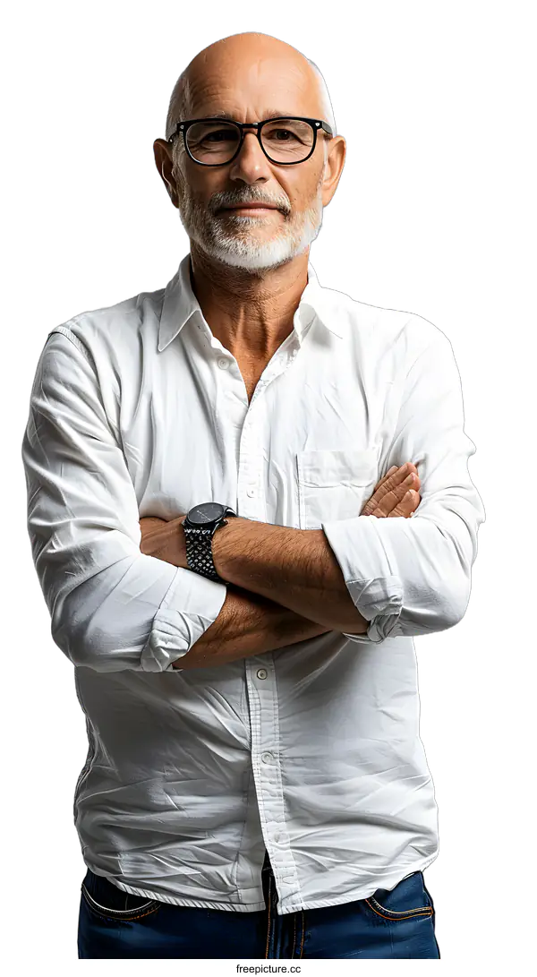 [Transparent Background PNG]portrait of a bald man with beard and glasses