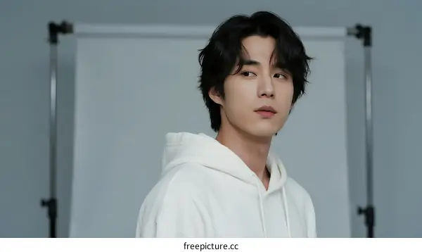 Young man with casual white hoodie standing in studio